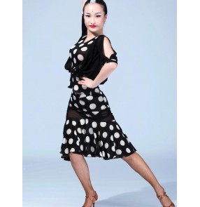 White polka dot black red exposure shoulder women ladies female competition professional performance latin dance dresses